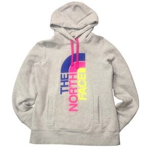 The North Face Womens Grey Neon Rainbow Logo Pullover Hoodie Size Medium